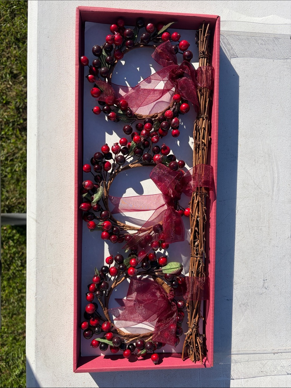 Red Berry Wreath Ring Set with Burgundy Ribbon - Home Wall Decor